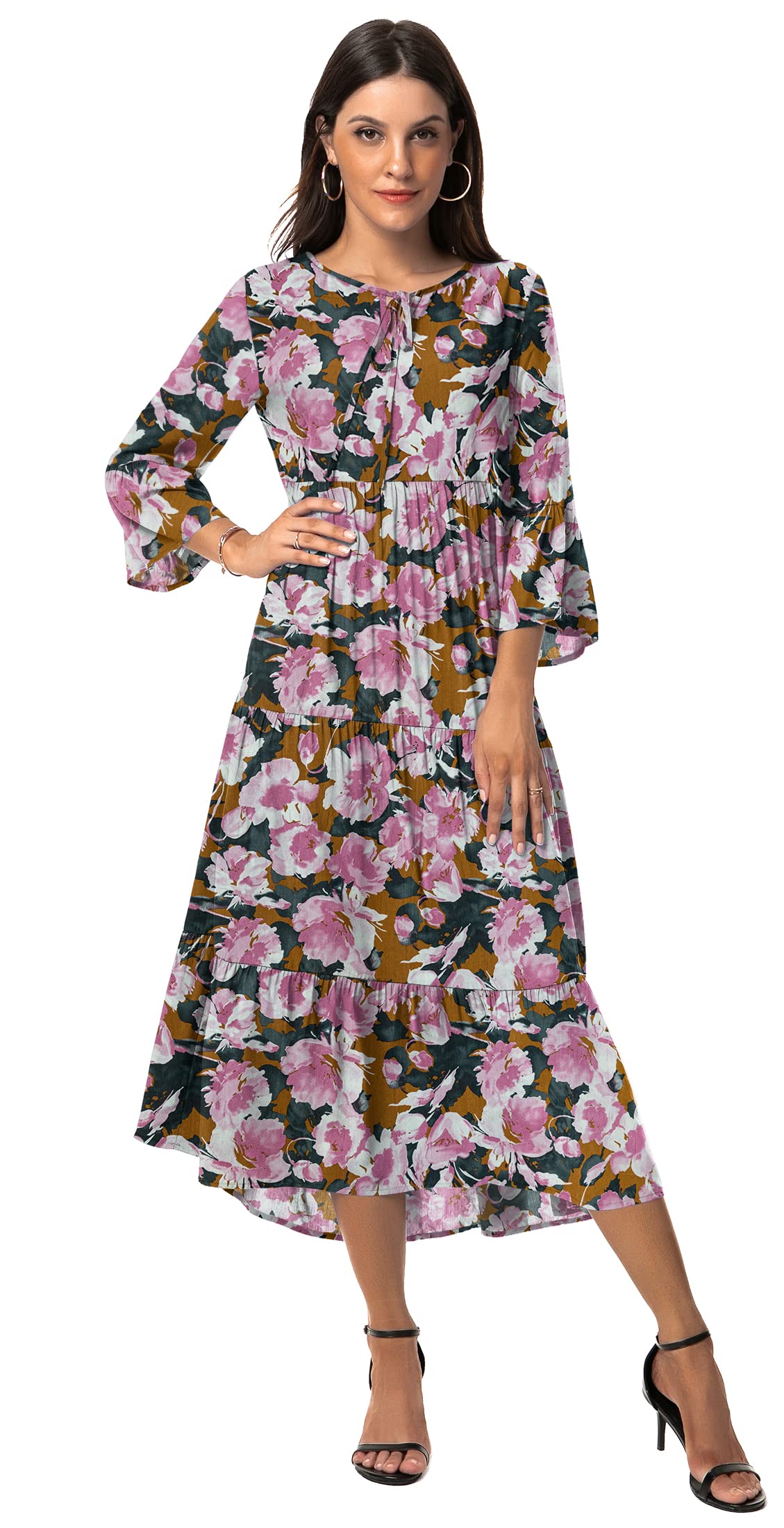 VIISHOW Womens 3/4 Sleeve Casual Bohemian Midi Dress