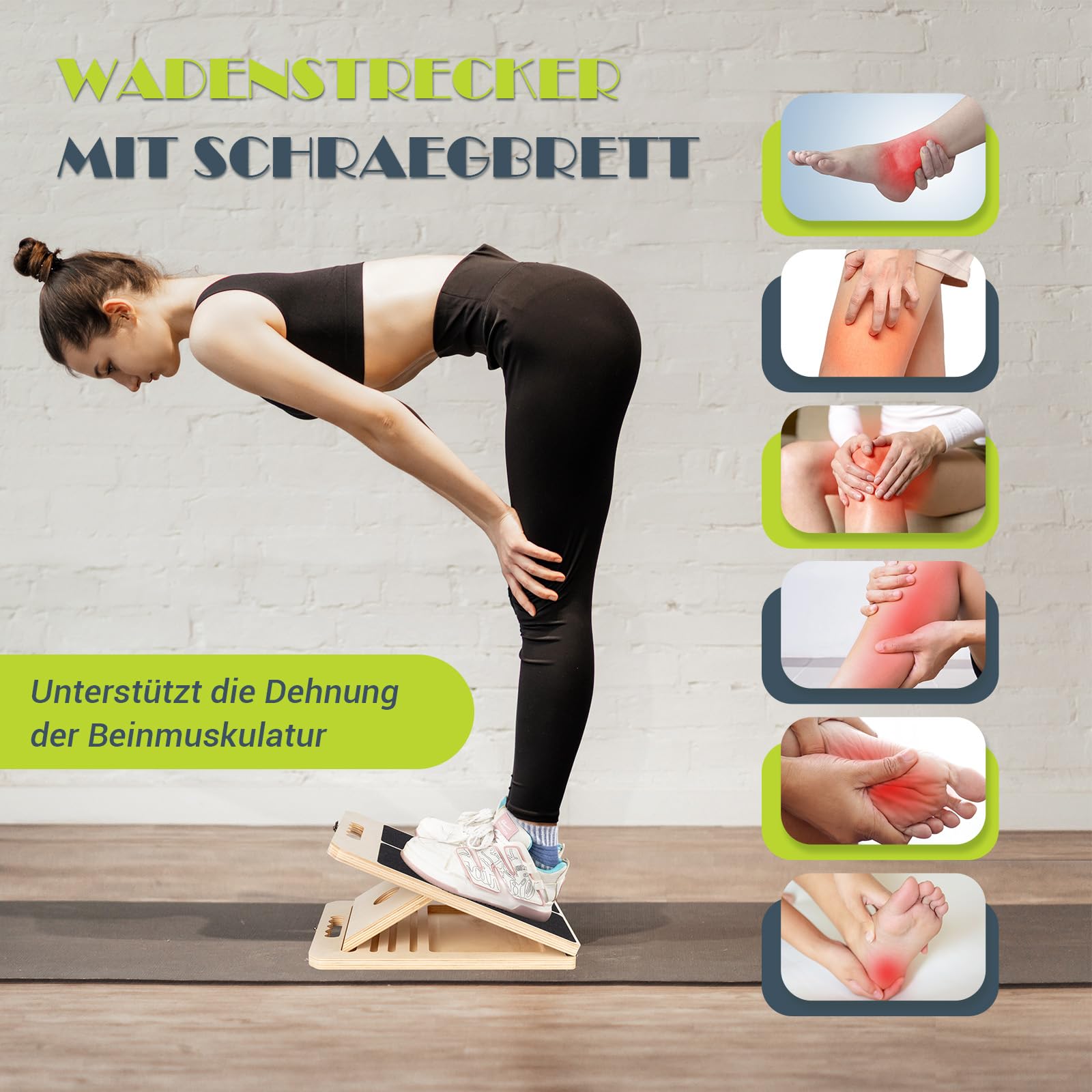 Wadendehner Schrägbrett aus Holz, Slant Board mit 5 Winkeln und Trainingsposter, Verstellbar Wadenstrecker mit Tragegriff, Mobility Board für Wadenstreckung