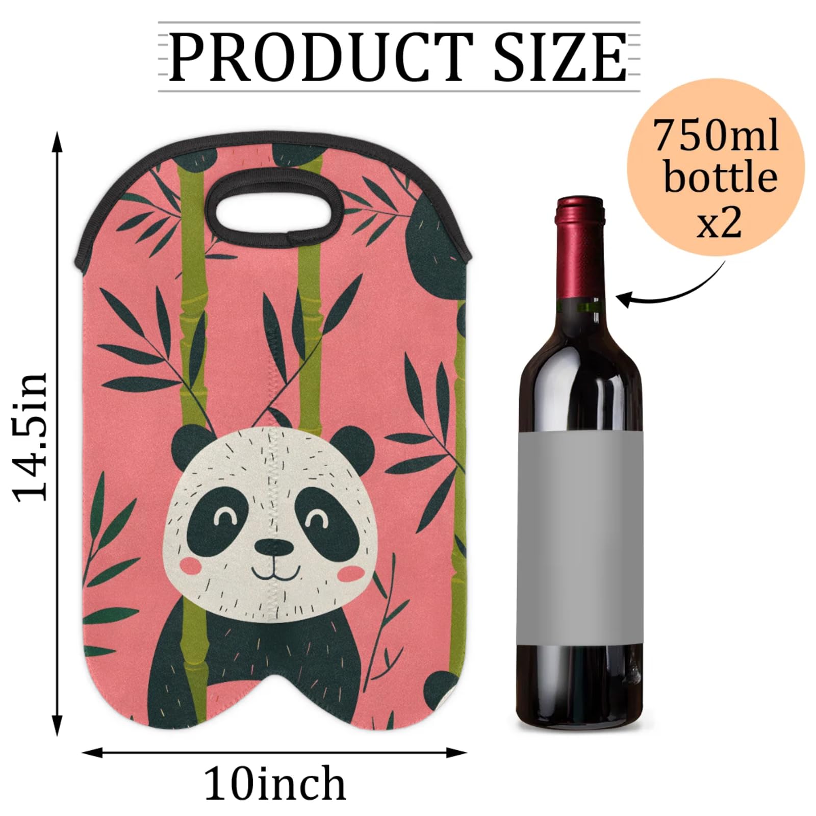 GzLeyigou 2 Bottles Panda Wine Bag Sleeve Totes Neoprene Protective Wine Carrier Bag for Wine,Water, Champagne, Beer, Baby Bottles,Gift 14.5 x 10 Inches