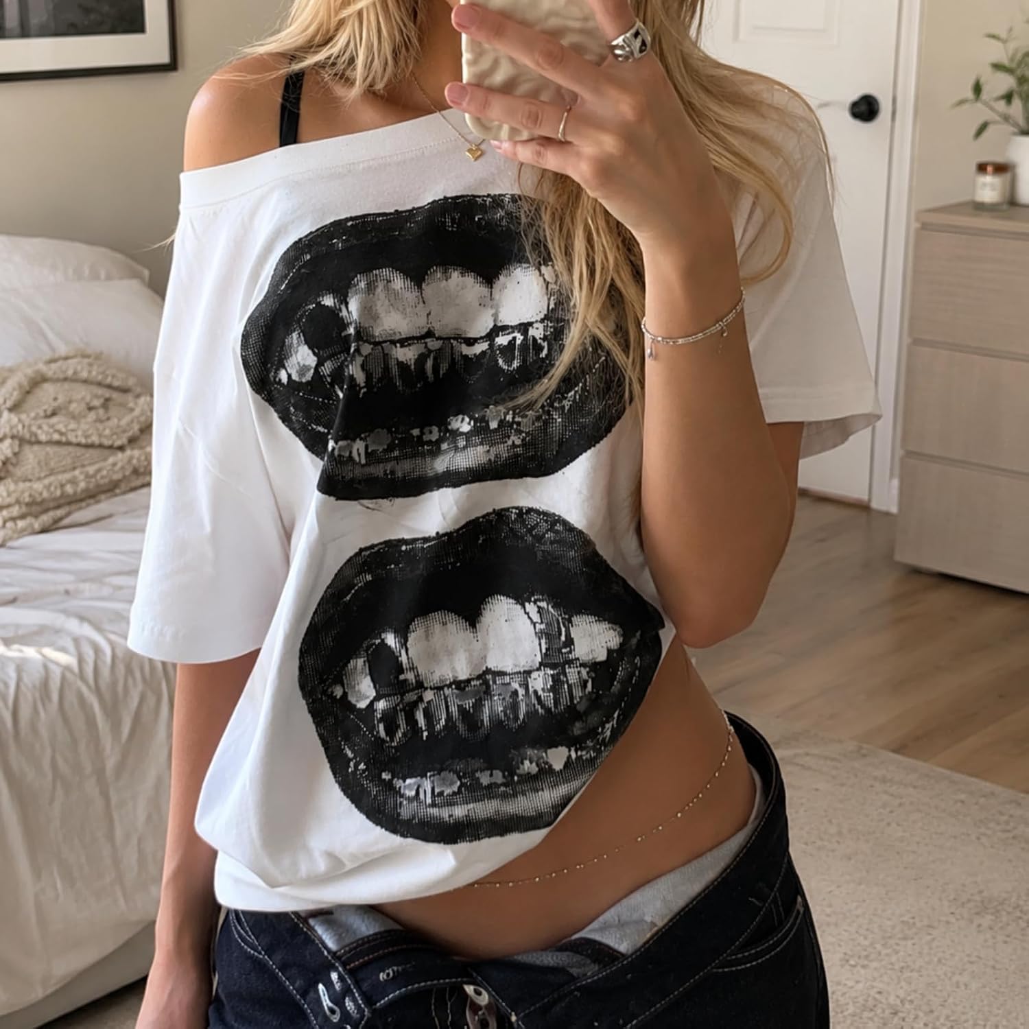 Off The Shoulder Cute Shirts for Women Oversized Tshirt Y2k Graphic Tee Lips Print Baggy Shirts Vintage Tops image 5