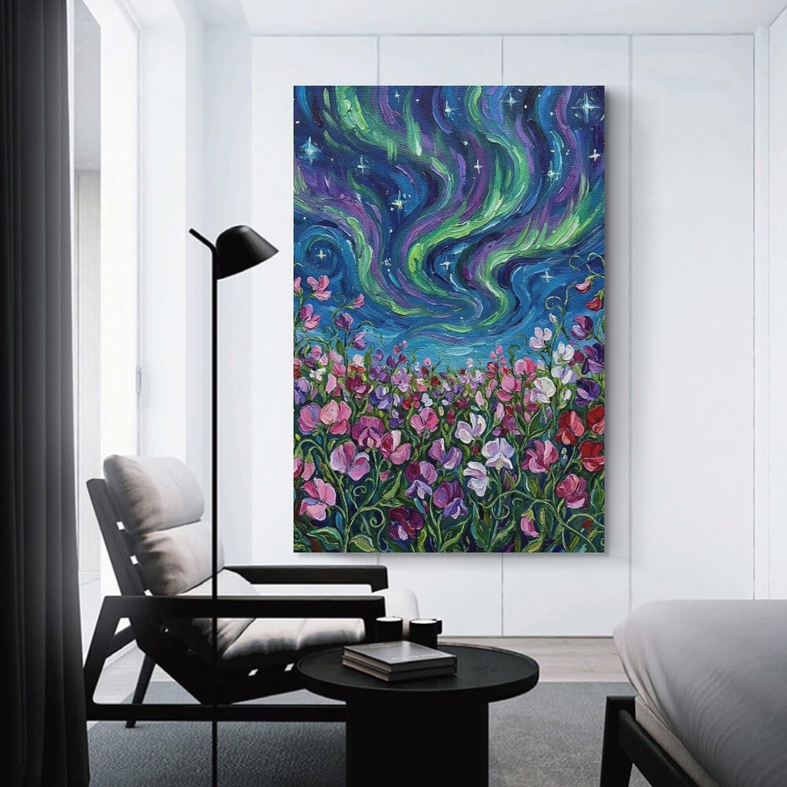 Junmoney Wall Art Print Floral Field Under Aurora Borealis Painting, 24x36inch(60x90cm), for Home Lounge, Bedroom Or Reading Nook, Canvas Styling for A Polished Room Look
