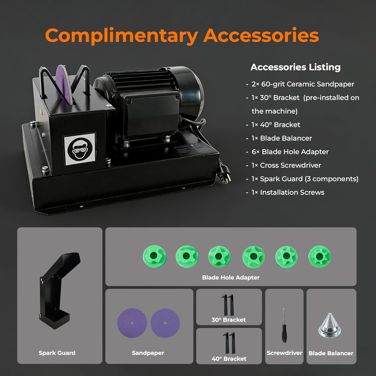 Lawn Mower Blade Sharpener with Upgraded Spark Guard, 1HP 750W Bench Grinder, 9-Inch Ceramic Wheel, 30°/40° Angle Brackets, Extra Sandpapers, for High/Low Lift, Gator & Flat Blades