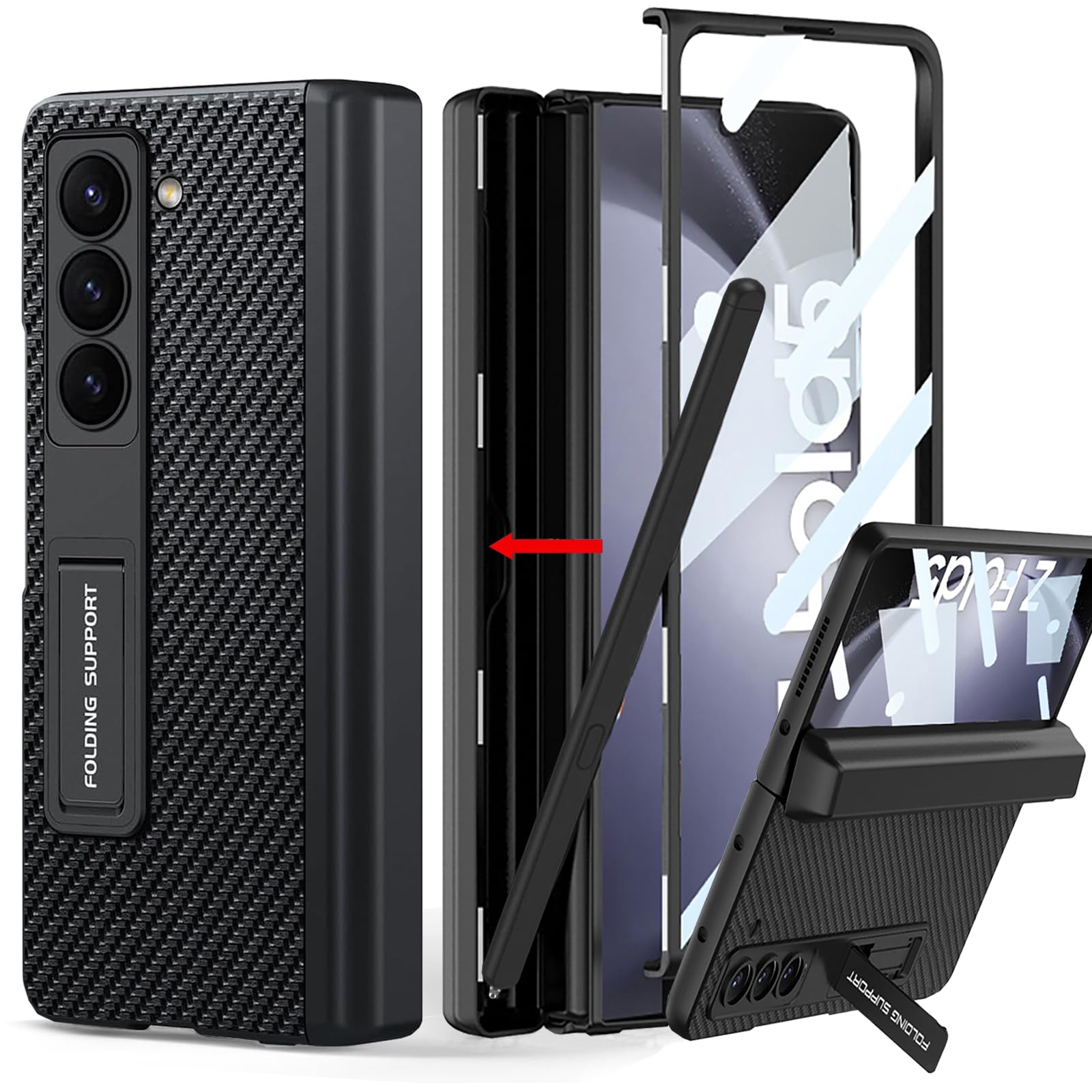 for Samsung Galaxy Z Fold 5 Case with Pen Holder Hinged Cover,with Screen Protector&Adjustable Bracket Carbon Fiber Leather Cover for Galaxy Z Fold 5 Black