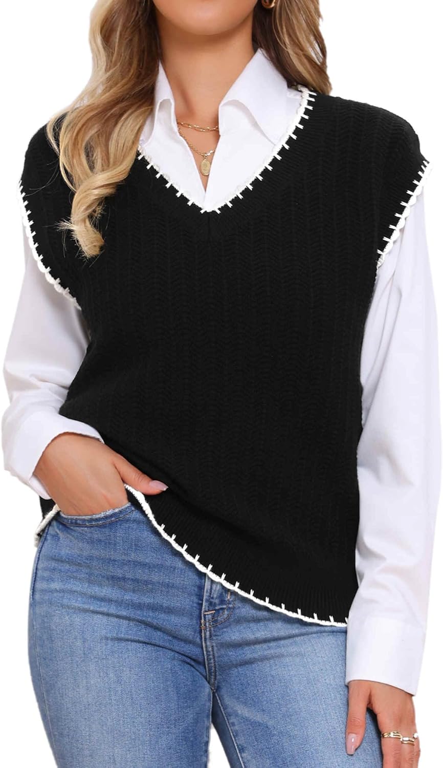 Allegra K Casual V Neck Sweater Vest for Women's Cap Sleeve Oversized Cable Knit Pullover Tops