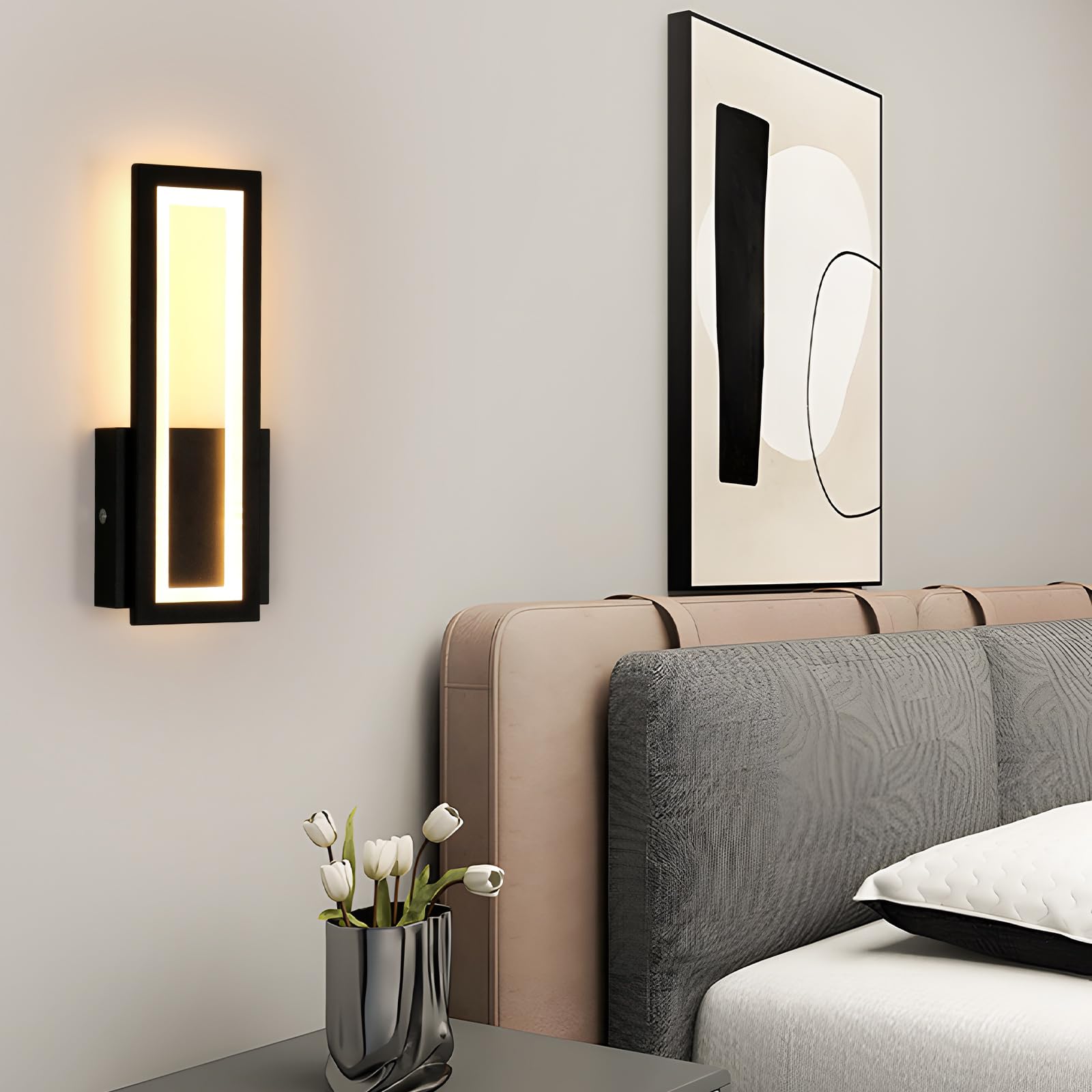 Osairous Applique LED da Parete Interno, 2 Pezzi 16W 1800LM Lampada da Parete Moderno in Acrilico, Lampada a Muro Nera Camera da Letto Luce Calda 3000K per Soggiorno Corridoio Studio Balcone, 32CM