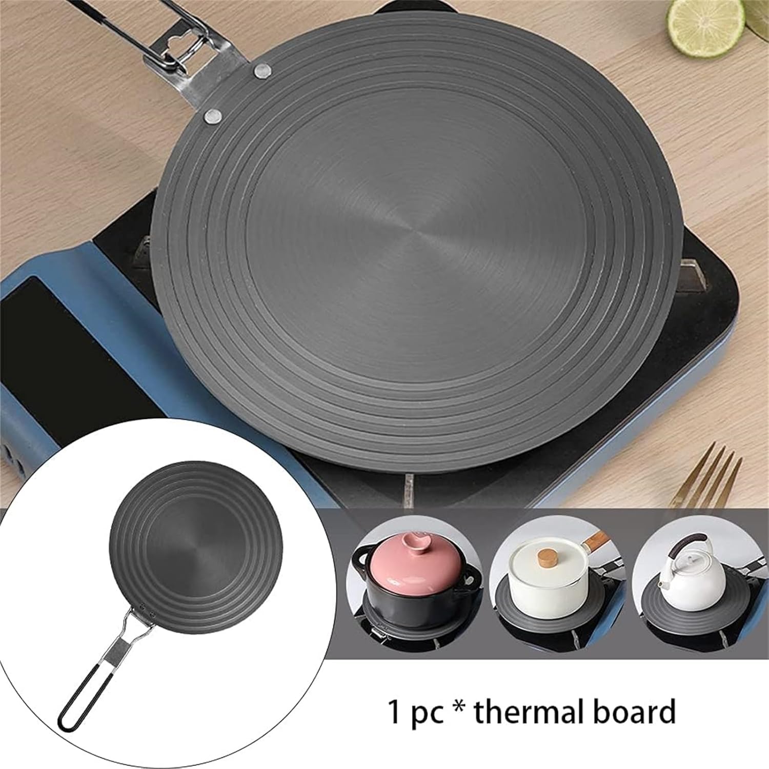 Heat Conduction Plate Heat Diffuser for Gas Stove Multifunctional Thawing Plate Heat Diffuser Plate with Separable Handle Cookware Accessories (Black)(28cm)