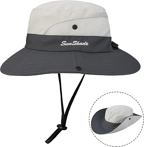 Miniatura 4 de Sombrero de pesca plegable con protección UV para mujer, de malla de ala ancha para playa, con agujero para cola de caballo