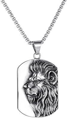 Lion Necklace for Men, Norse Viking Lion Head Pendant Necklace with 23.6 Chain,Gothic Hip Hop Lion Tag Vint- Lion Totem Amulet Punk Animal Jewelry
