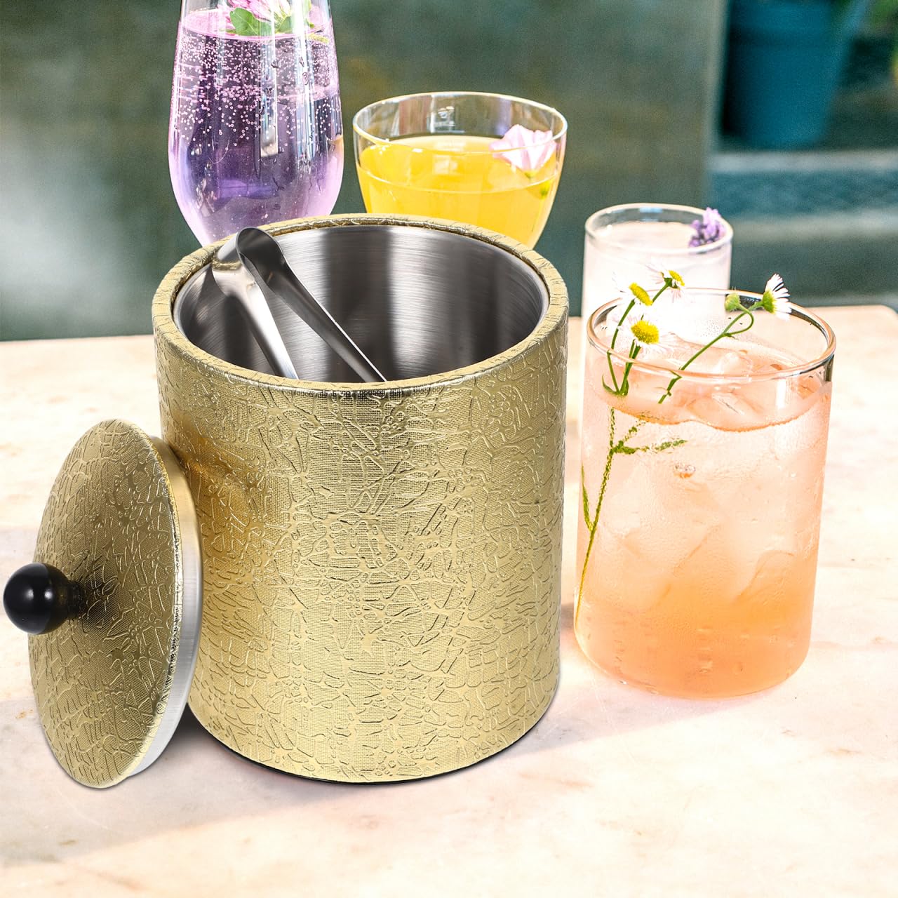 HEMOTON Cubitera de acero inoxidable con tapa, 1,3 L, incluye pinzas para hielo y colador, enfriador de hielo aislado de doble pared, enfriador de vino y champán para bar, fiesta y hogar