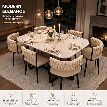 6 Seater Ceramic Effect Dining Table Set with 6 Upholstered Velvet Dining Chairs | Modern White Dining Room Furniture | Luxury Kitchen Table Set for Home & Dining Room
