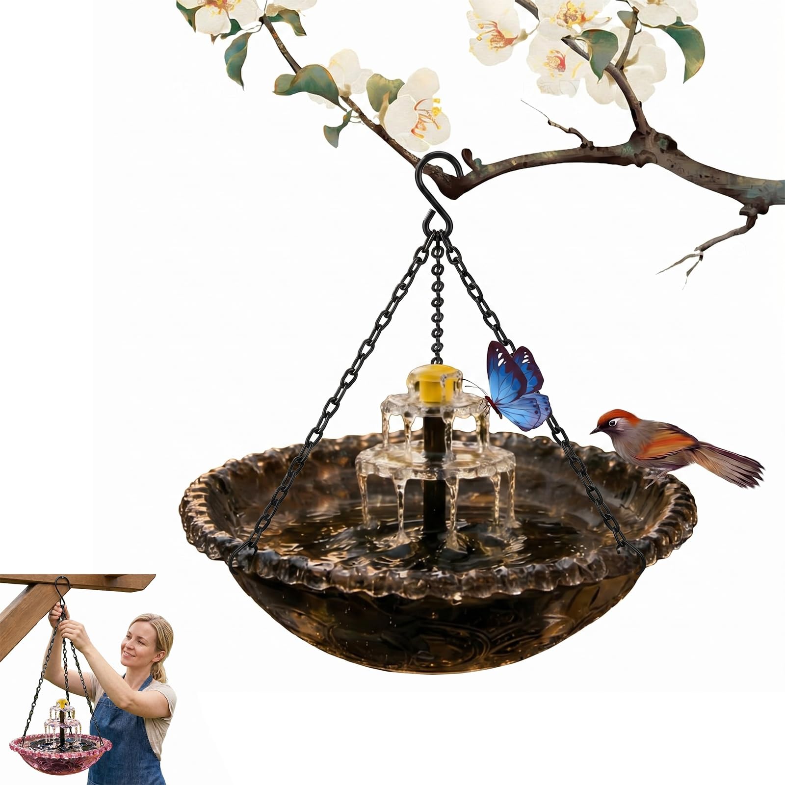 BOLEXA Hanging Solar Bird Bath Fountain For Garden, Outdoor Solar Powered Glass Bird Bath With Water Pump, Decorative Wild Bird Feeder For Patio Balcony, For Bird Lovers(grey)