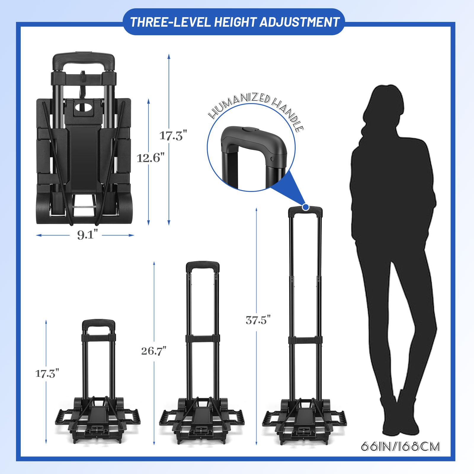 Foldable Sack Truck - Portable Hand Trolley With Expandable Base, Adjustable Handle & Rubber Wheels, Holds 55 Lbs