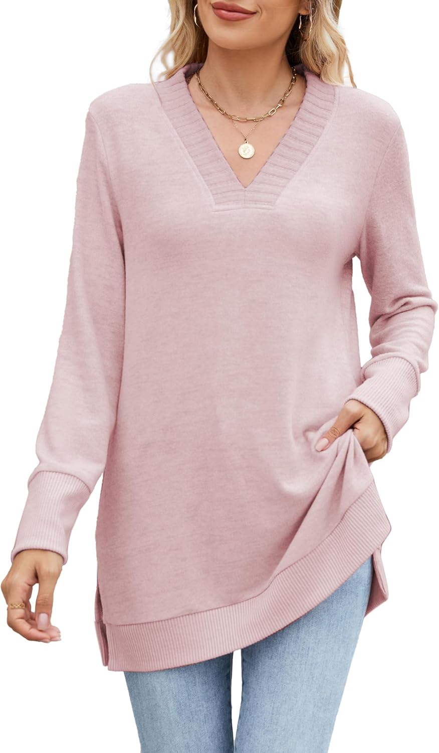 Famulily Womens Casual Long Sleeve V Neck Pullover Top Ribbed Knit Side Split Tunic Sweater