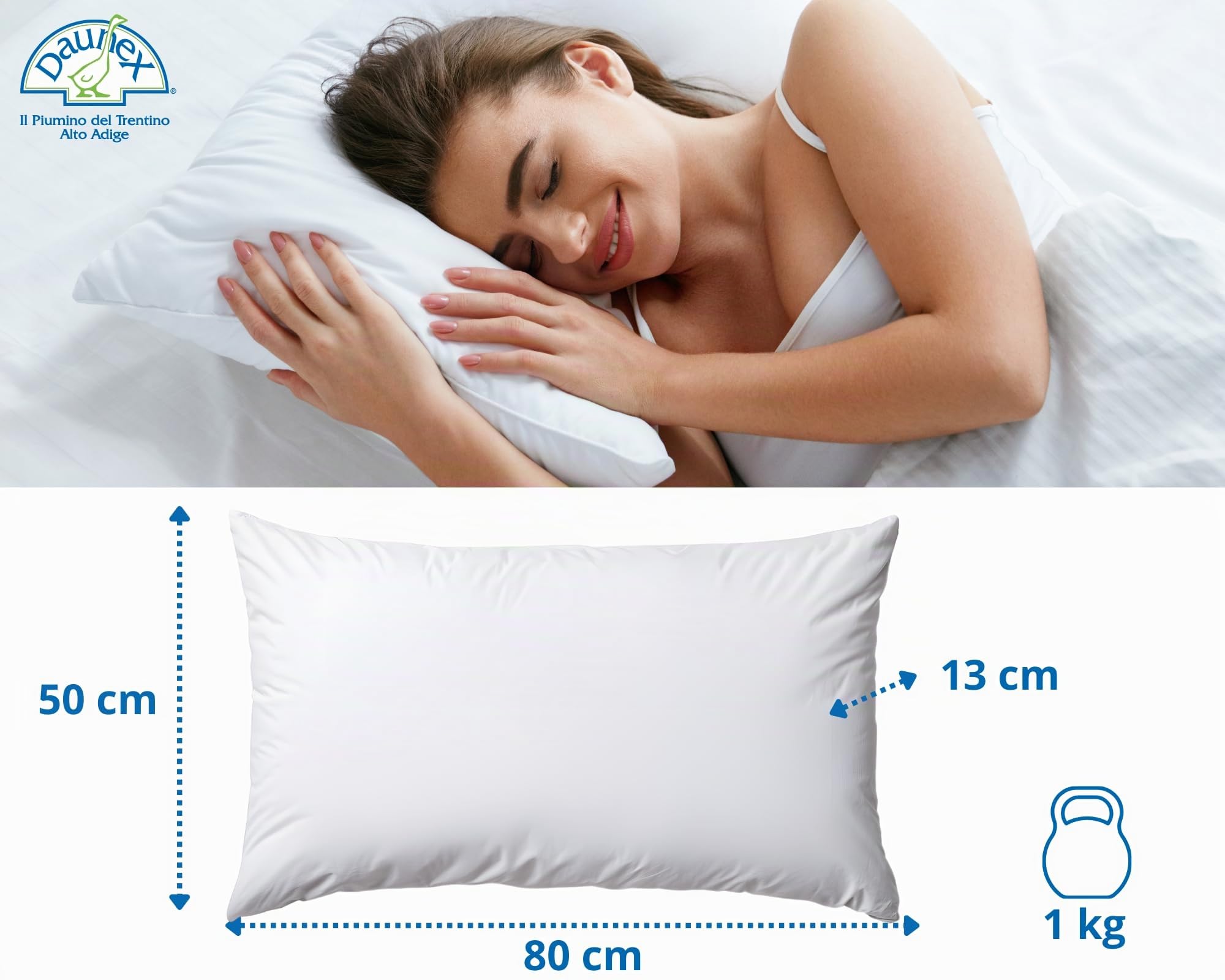 Tata Home Cuscino in Piuma d'Oca DAUNEX Trentino 50x80 cm Peso 1000 g Guanciale Letto Morbido Sostegno Medio Cotone Twill Anallergico Antipiuma OEKO-TEX Made in Italy Mod. Issimo