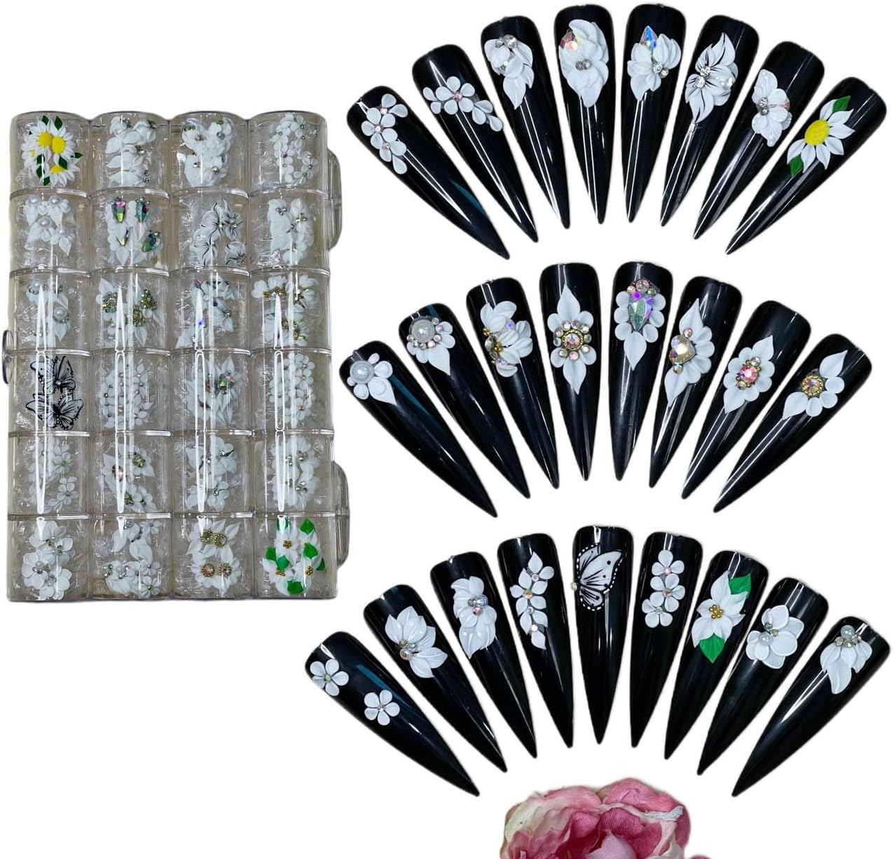 100-Piece 3D White Acrylic FLower Nail Art Decor Set - Handmade 3D Acrylic Flowers and Butterflies - Diverse Collection in One Box for Beautiful and Creative Nail Designs (Set 100 pcs Box White)