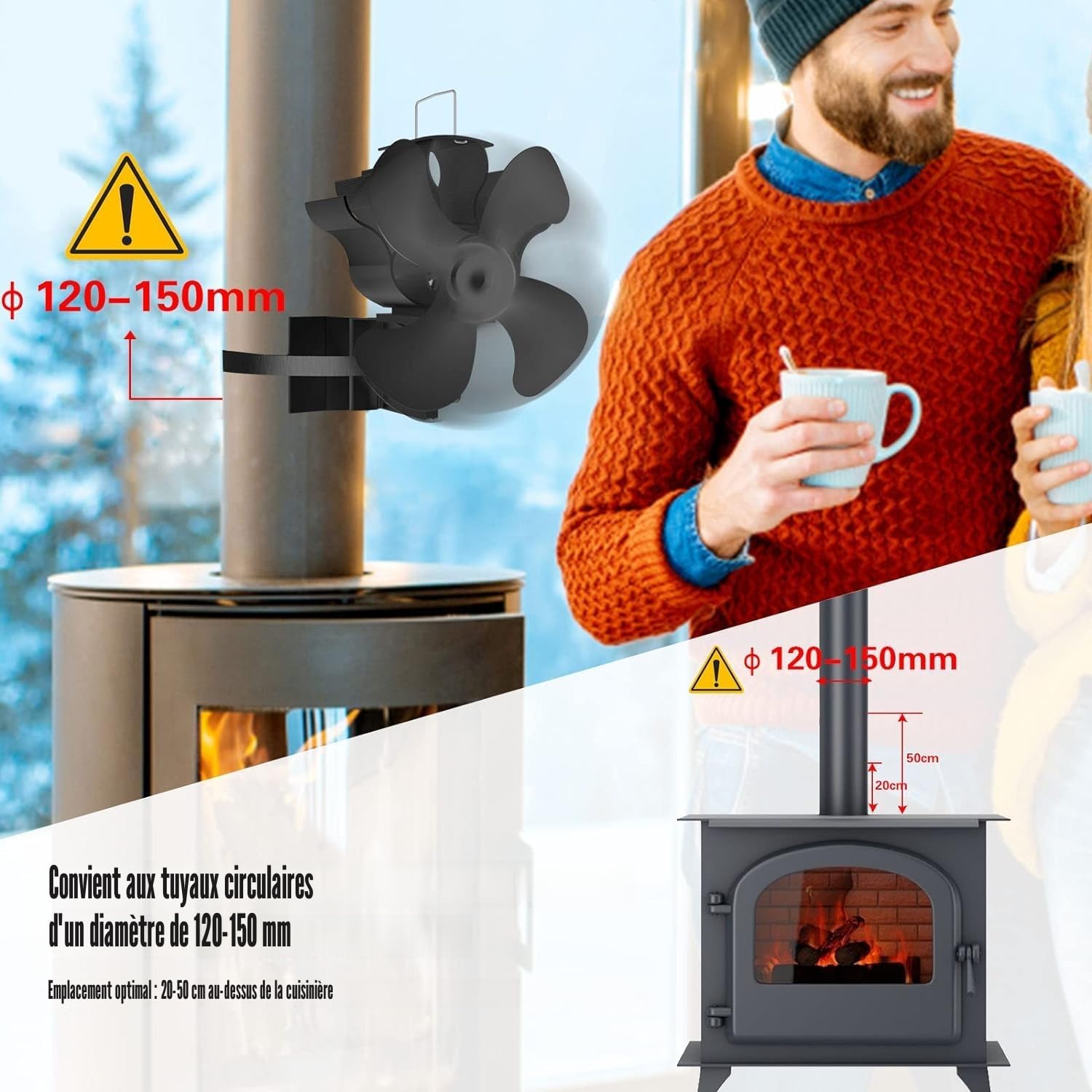 2 en 1 Silencieux Ventilateur de Poêle à Bois/à Granulés avec Theromètre, pour Cheminée/Gaz/Bûche