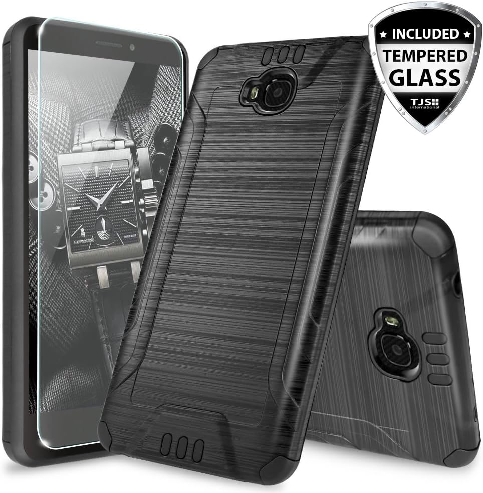 Huawei Ascend XT H1611 Case, with TJS [Tempered Glass Screen Protector] Dual Layer Shockproof Tough Brushed Hybrid Armor Drop Protection Case Cover (Not for Huawei Ascend XT2 H1711) (Black)