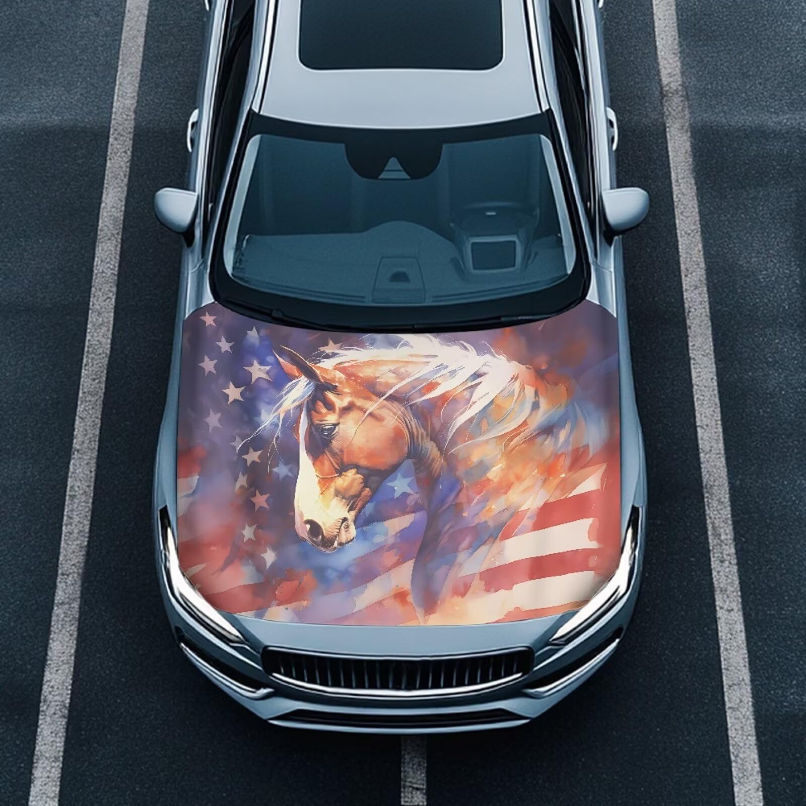US Flag Horse Car Hood Cover Stretch Polyester Car Hood Cover Removable Automotive Accessories Suitable Most Automotive Sedans Trucks Pickup Sports Cars
