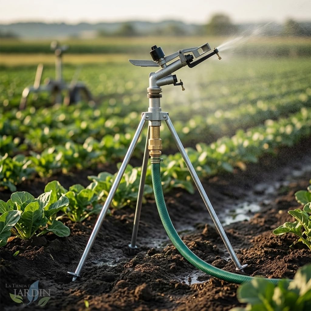 Suinga Cañón de Riego Ibis con Trípode Metálico | Aspersor Agrícola Circular 360° | Conexión 1" Hembra | Alcance de 13 a 23 Metros | Aspersor de Gran Caudal para Cultivos, Jardines y Fincas