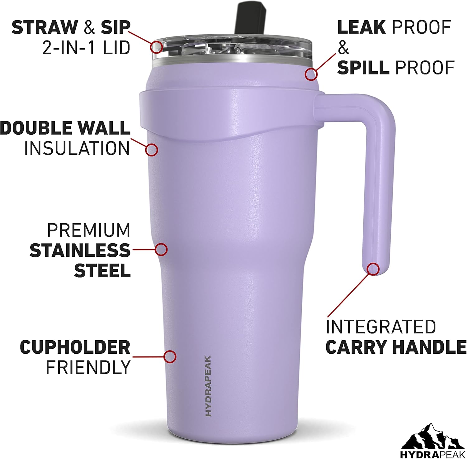 Hydrapeak Roadster 40oz Stainless Steel Tumbler Double Wall Vacuum Insulated Water Bottle With Handle And 2 in 1 Straw Lid (Orchid) - Image 2