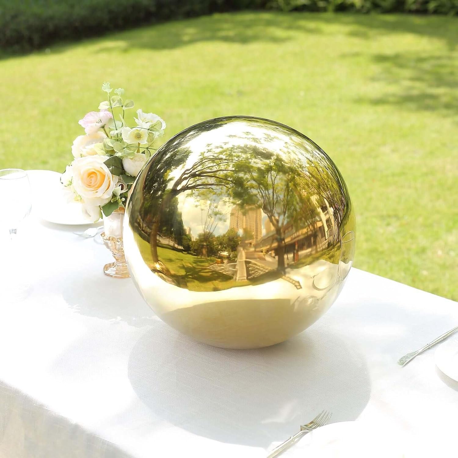 Efavormart 16" Gold Stainless Steel Gazing Globe Mirror Ball, Reflective Shiny Hollow Garden Sphere for Outdoor Landscaping, Modern Patio Decor, and Large Yard Art Accents