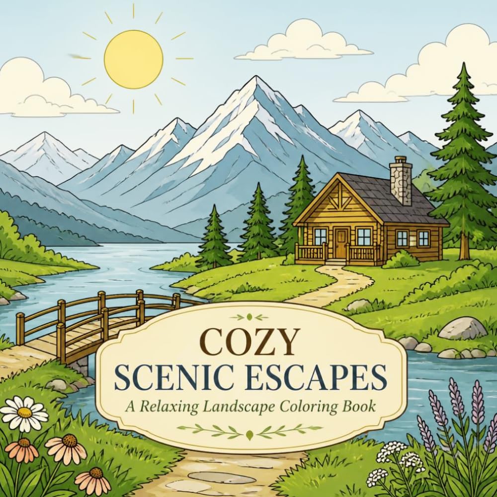 Cozy Scenic Escapes: A Relaxing Landscape Coloring Book: Peaceful Cabins, Lakes, Mountains, Rivers and Relaxing Nature Scenes