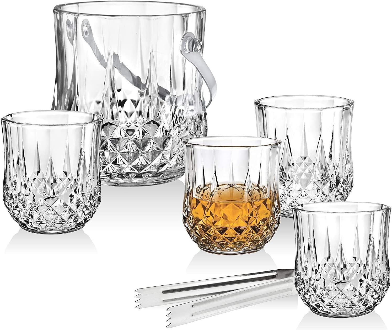 ICE Bucket with Handle with 4 Scotch Glasses & Ice Tong Barware Collection