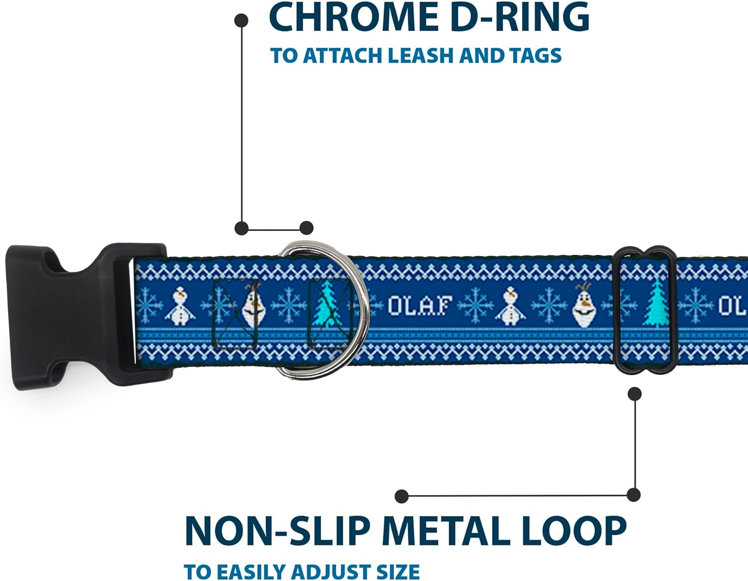Buckle-Down Plastic Clip Collar - Olaf/Snowflakes Stitch Blues/White - 1.5" Wide - Fits 16-23" Neck - Medium