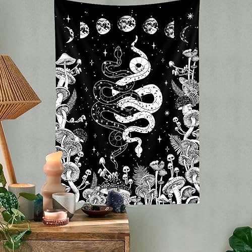 Miniatura 4 de Tapiz vertical de serpiente bruja, fase lunar en blanco y negro, tarot gótico, tapiz pequeño estético botánico fresco para dormitorio, sala de