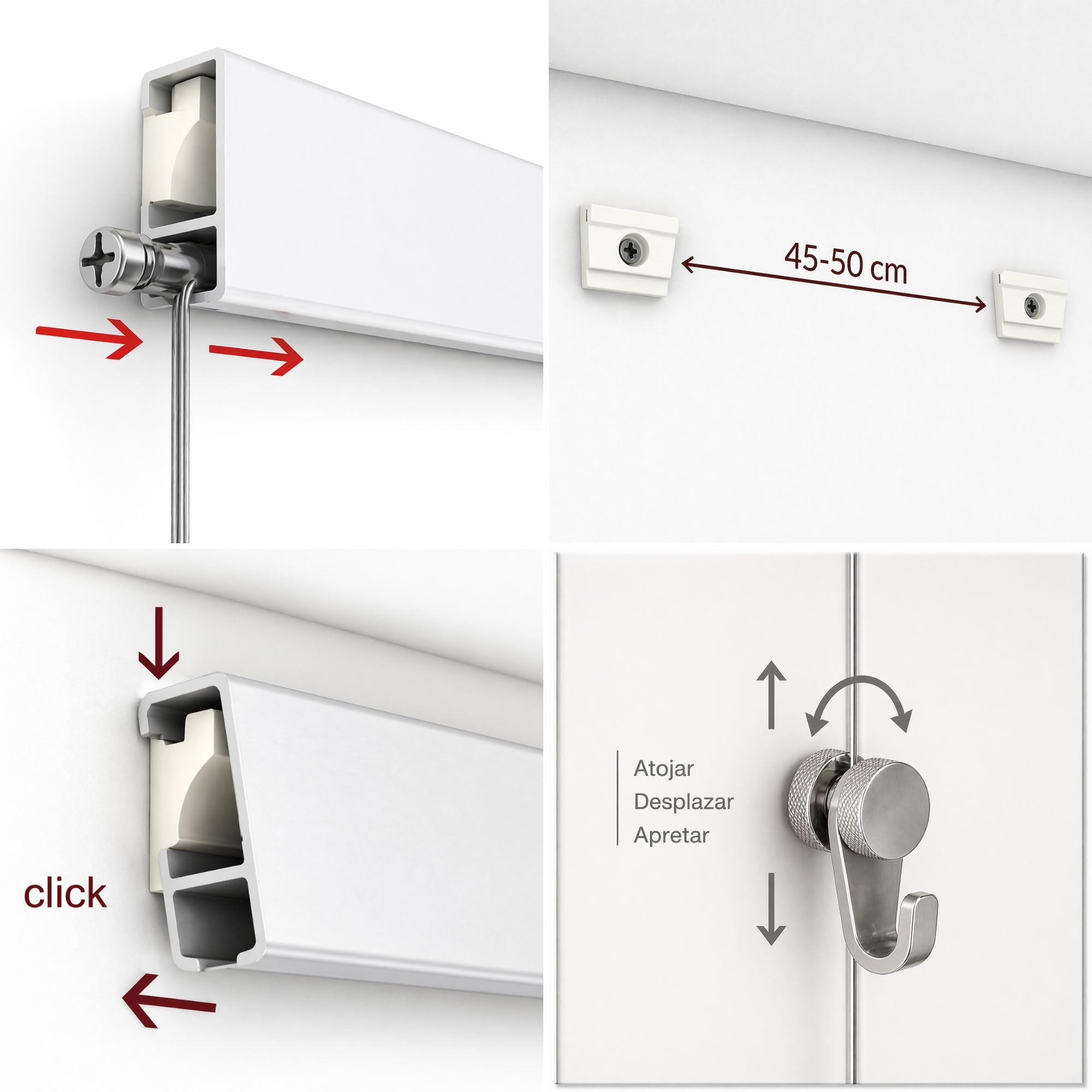 Pack Basic RM para Colgar Cuadros | Barra Guía de 150 cm de Aluminio Blanco | 4 Ganchos Nylon hasta 15 kg | Soporta 35 kg/ml | Incluye Tacos y Tornillos