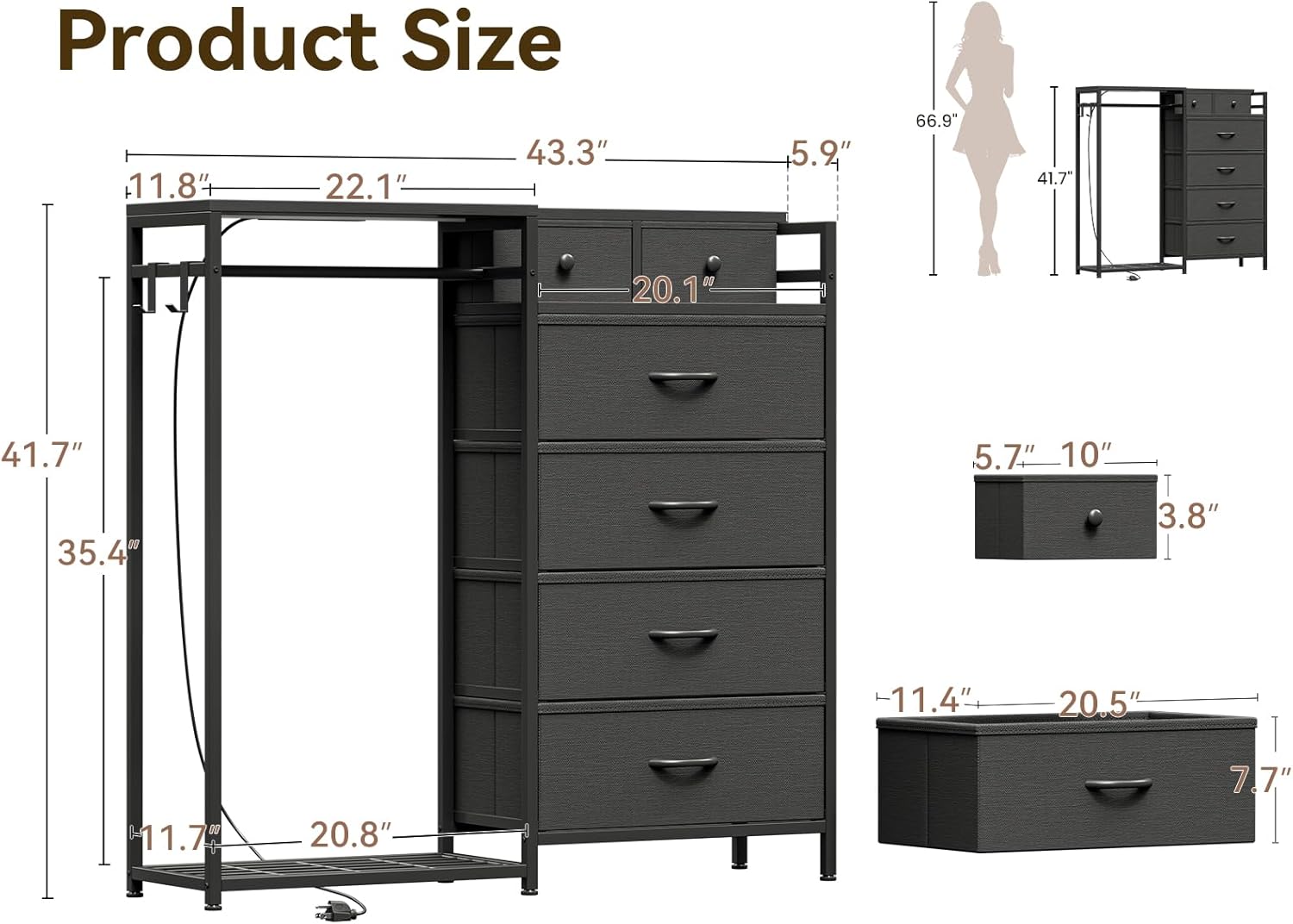 kkl dresser for bedroom with clothes hanging rack, reversible bedroom dresser with shoe rack & 6 fabric drawers, 3-in-1 storage chest of drawers with led lights & charging station for closet, black