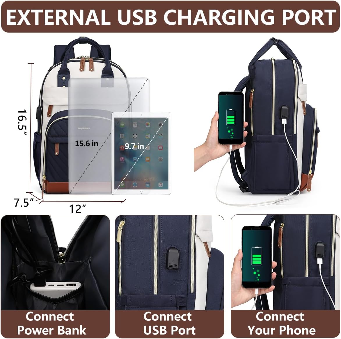 Laptop Backpack for Women, Fits 15.6 Inch Laptop Bag, Fashion Travel Work Backpack Anti-theft Bag with USB Charging, Business Computer Waterproof Backpack Purse, Beige Blue Brown