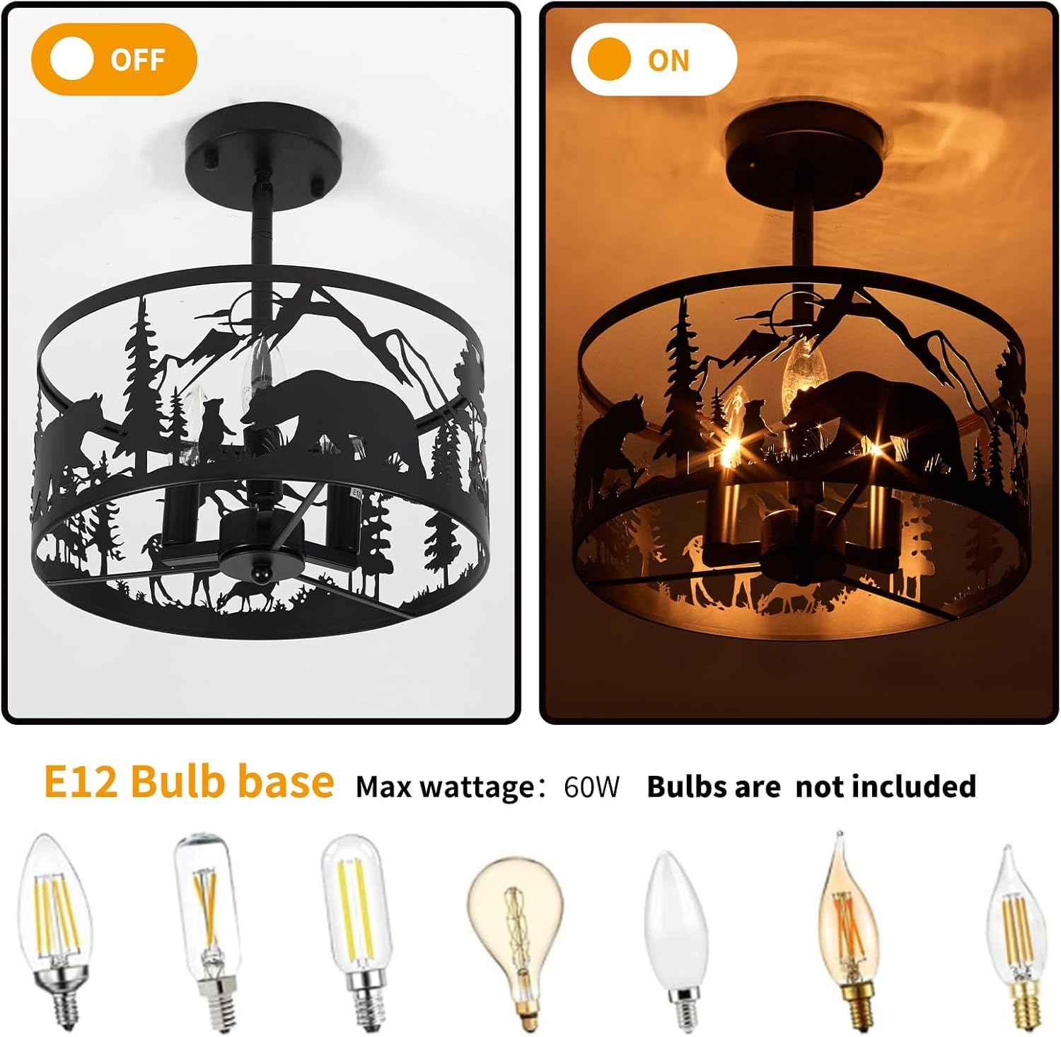 Farmhouse Rustic Slanted Ceiling Light Fixture - 3-Light Round E12 Base Black Metal Fixture with Deer and Bear Design - Perfect for Kitchen, Bedroom, Hallway, and Rustic Style