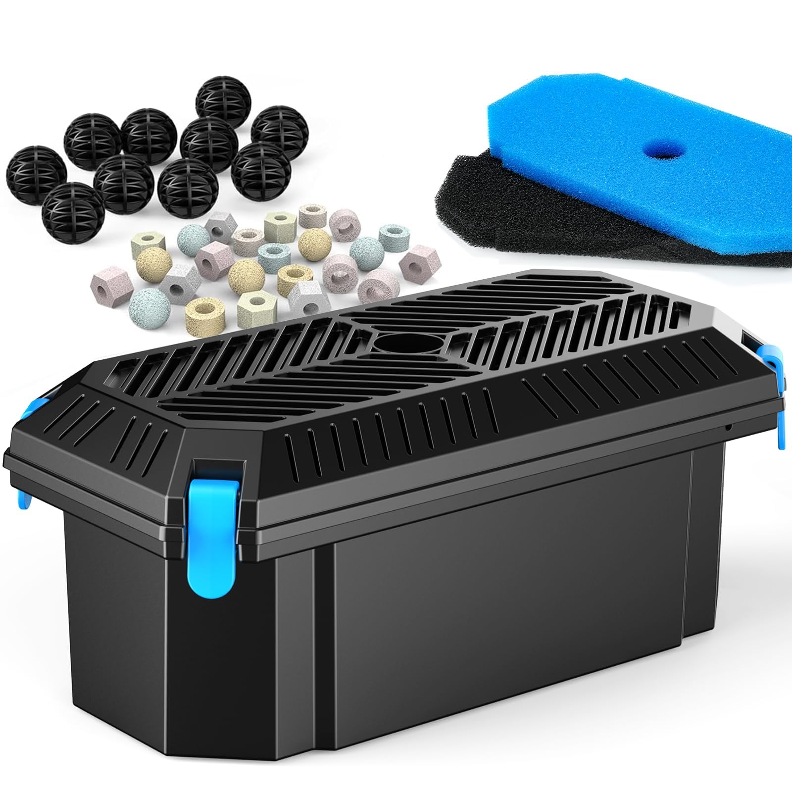 POPOSOAP Outdoor Pond Filter Box - Pump Protection & Water Purification Kit for 350-2000 L Small Ponds, with 2 Filter Pads & 20 Bio-Balls (Pump Not Included)