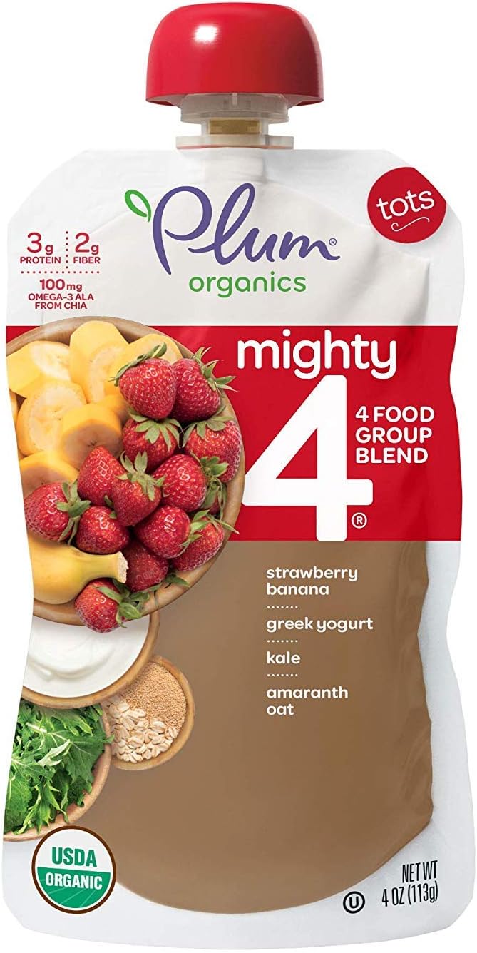 Mighty 4 Organic Toddler Food - Strawberry, Banana, Greek Yogurt, Kale, Amaranth, and Oat - 4 oz Pouch (Pack of 12) - Organic Fruit and Vegetable Toddler Food Pouch