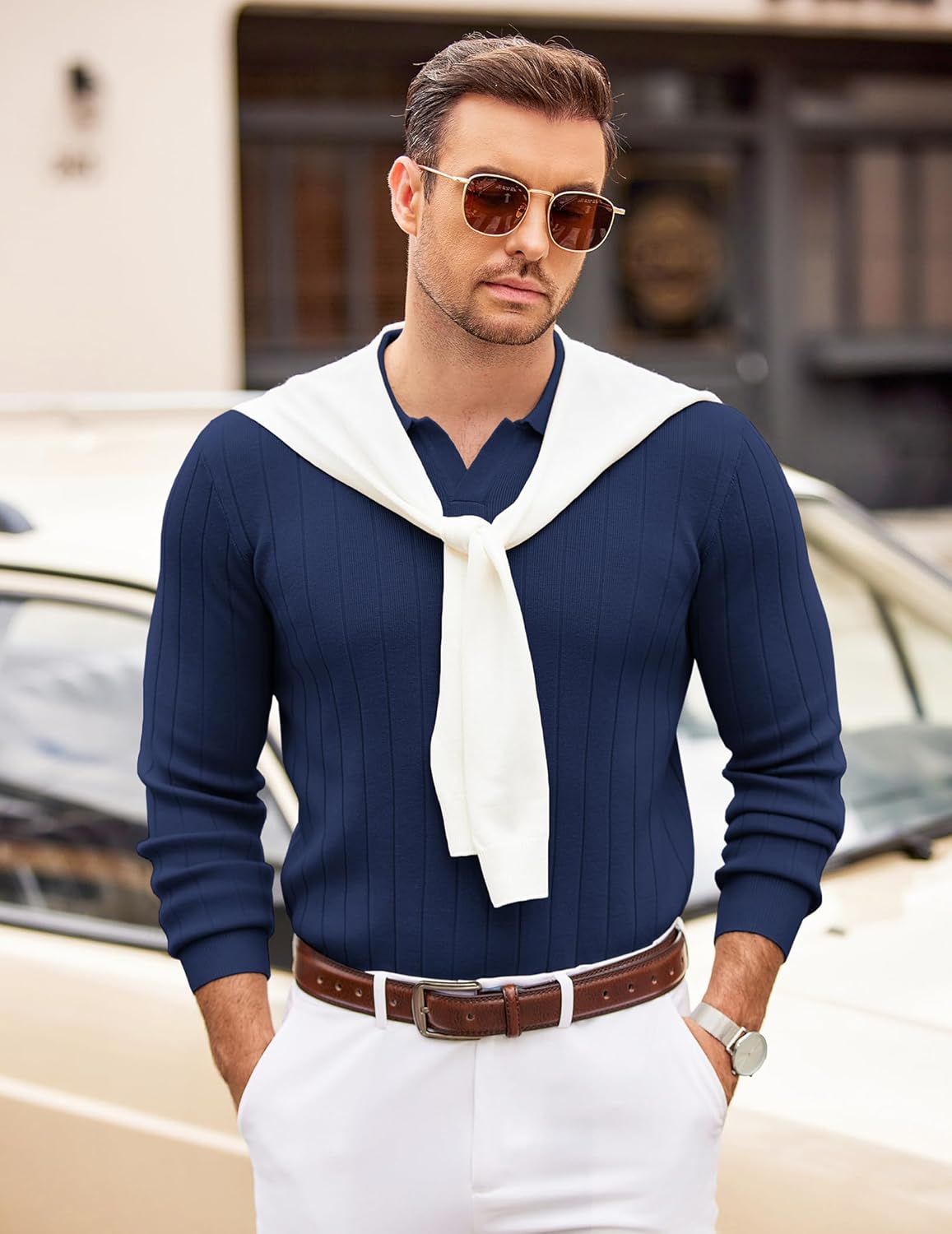 COOFANDY Mens Sweaters Polos Long Sleeve V Neck Knit Polo Lightweight Casual Pullover Sweater - Image 3