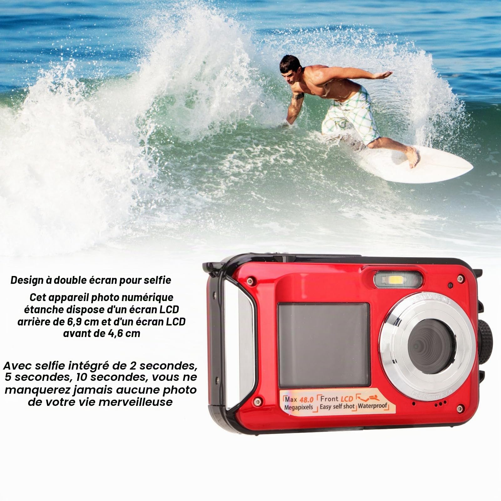 Appareil Photo Numérique Sous-Marin étanche 2.7K Full HD 48MP 10ft, Double écran Zoom 16X avec Enregistreur Vidéo (Rouge)