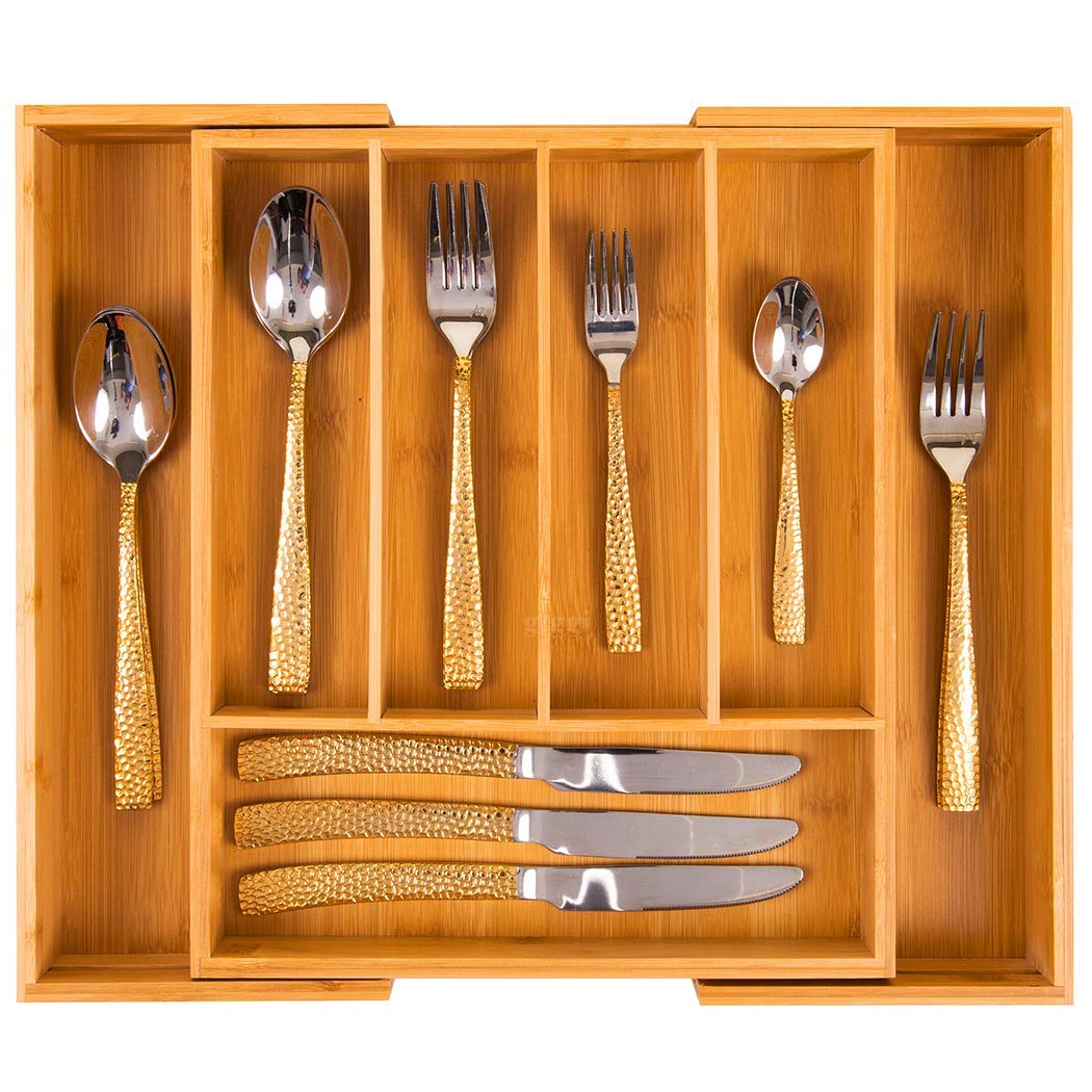 Giggi Bamboo Extendable Cutlery Tray & Cutlery Organiser | Cutlery Trays | Bamboo Cutlery Tray | Cutlery Tray for Drawer | 5-7 Compartment Cutlery Drawer Organiser |Knife and Utensils Holder Tray Rack