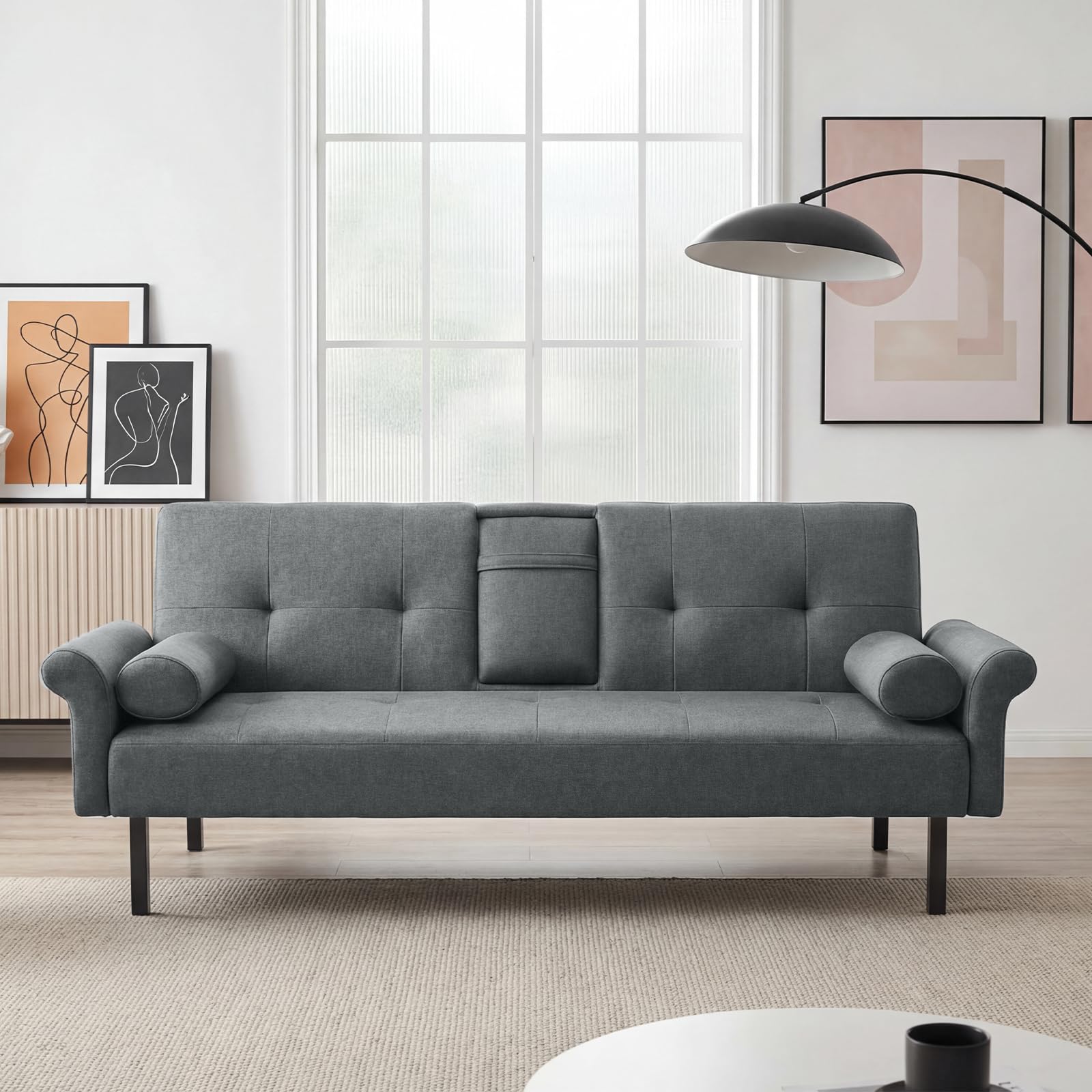 Panana Sofa Bed, Click Clack Sofa Bed, Convertible Futon Settee, Futon Recliner Lounge for Living Room, Spare Room, Bedroom (Grey with Armrest and Cup holder) โ image 1