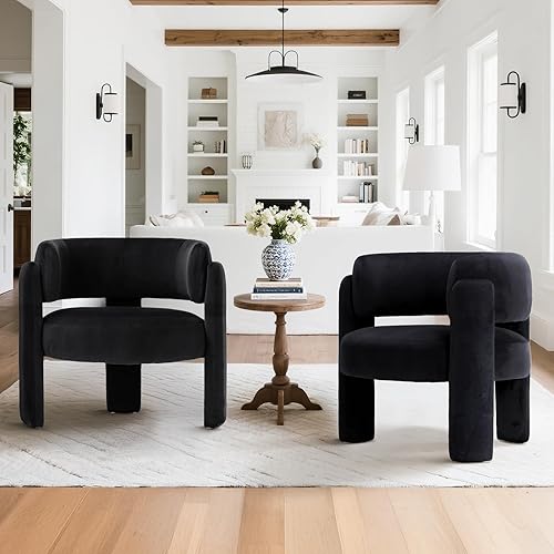 COLAMY Modern Velvet Accent Chairs Set of 2, Upholstered Barrel Chairs, Comfy Side Arm Chairs with 3 Legs for Living Room, Bedroom, Reading, Black