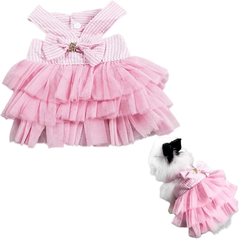Rabbit Dress Bunny Costume Clothes Skirt Daily Wear Cloth for Small Cat Dog Puppy Chinchilla Guinea Pig, Small Animal Dress for Party Photo (Striped Pink,XS)
