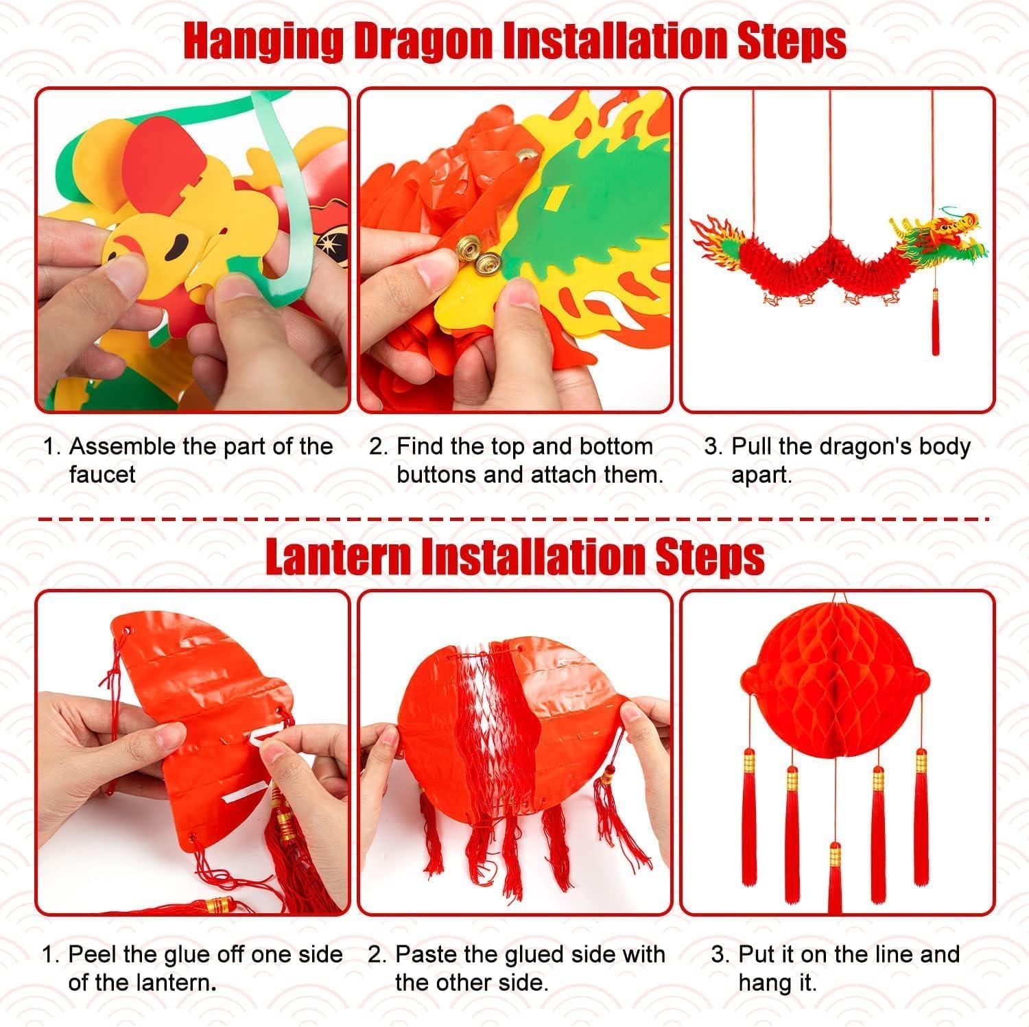2Peces - Carta cinese 3D per Capodanno Dragon Garland con decorazioni rosse per la festa delle lanterne di primavera cinese e la festa di nozze
