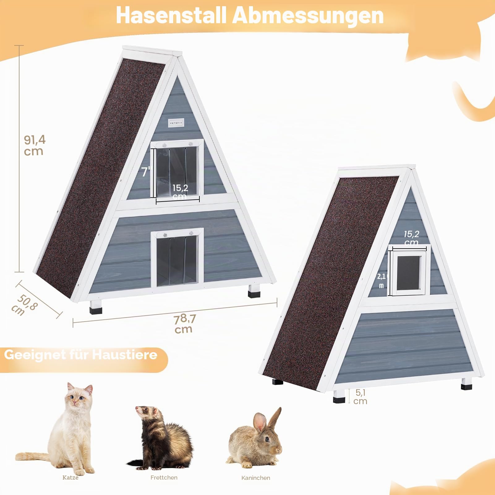 Petsfit Katzenhaus Outdoor Winterfest mit Fluchttür Katzenhaus Outdoor Holz mit erhöhtem Design Katzenhöhle für Draussen Katzenhütte Wetterfest aus Spießtannenholz, Grau/2 Etagen