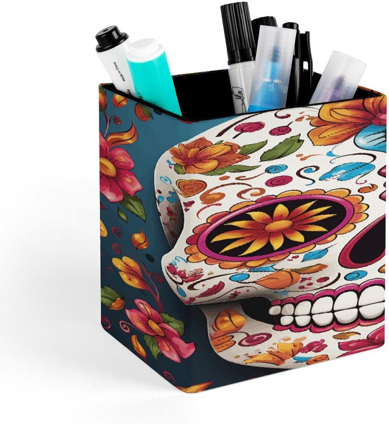 Colorful Sugar Skull Pen Holder Square Leather Pencil Holder Modern Modern Pencil Cup Pen Cup Fashion Makeup Brush Holders Desktop Organizer for Office Home Desk Accessory