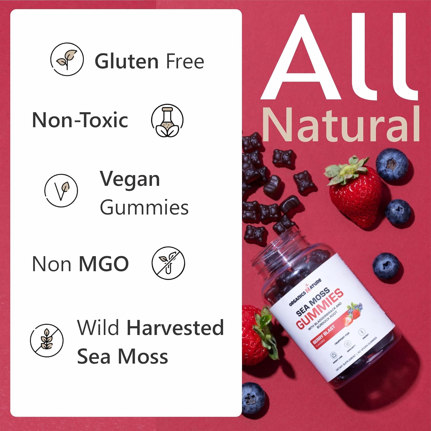 ORGANICS NATURE Irish Sea Moss Gummies for Lung Detox, Thyroid, Strength Immune & Energy Support, Vegan Seamoss Gummies for Kids & Adults - 60 Vegan Gummy Bears Berry Flavored - Image 4