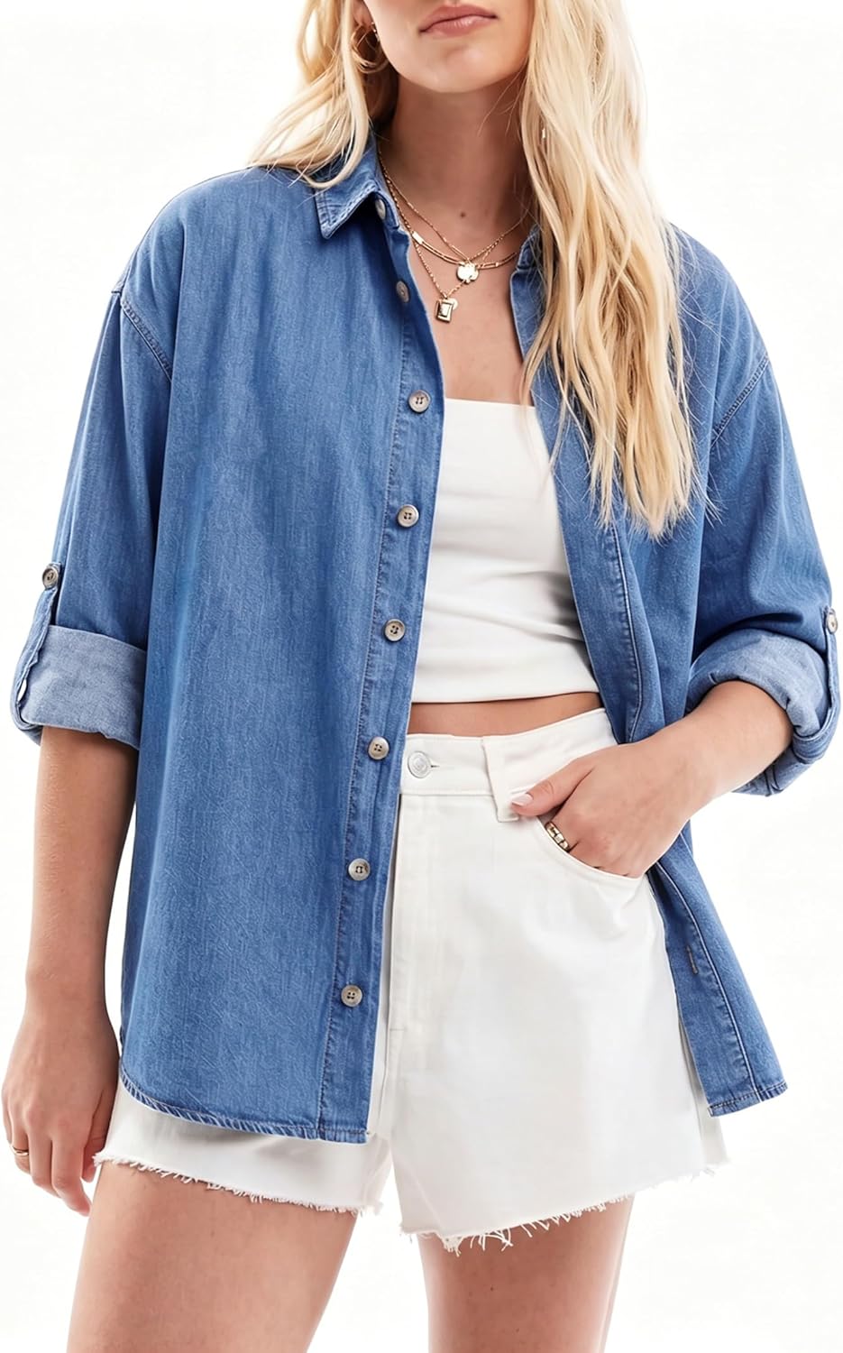 EMMIOL Denim Shirt Women Button Down Long Sleeve Denim Blouse 2026 Hidden Button Jean Shirt Oversized Summer Casual Tops