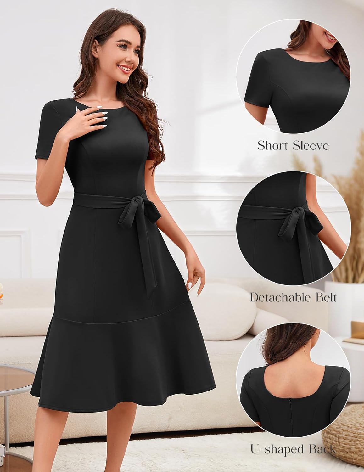 Bbonlinedress Womens Short Sleeve Wedding Guest Dresses Cocktail Vintage Party Church Formal A-Line Midi Dress with Belt - Image 4