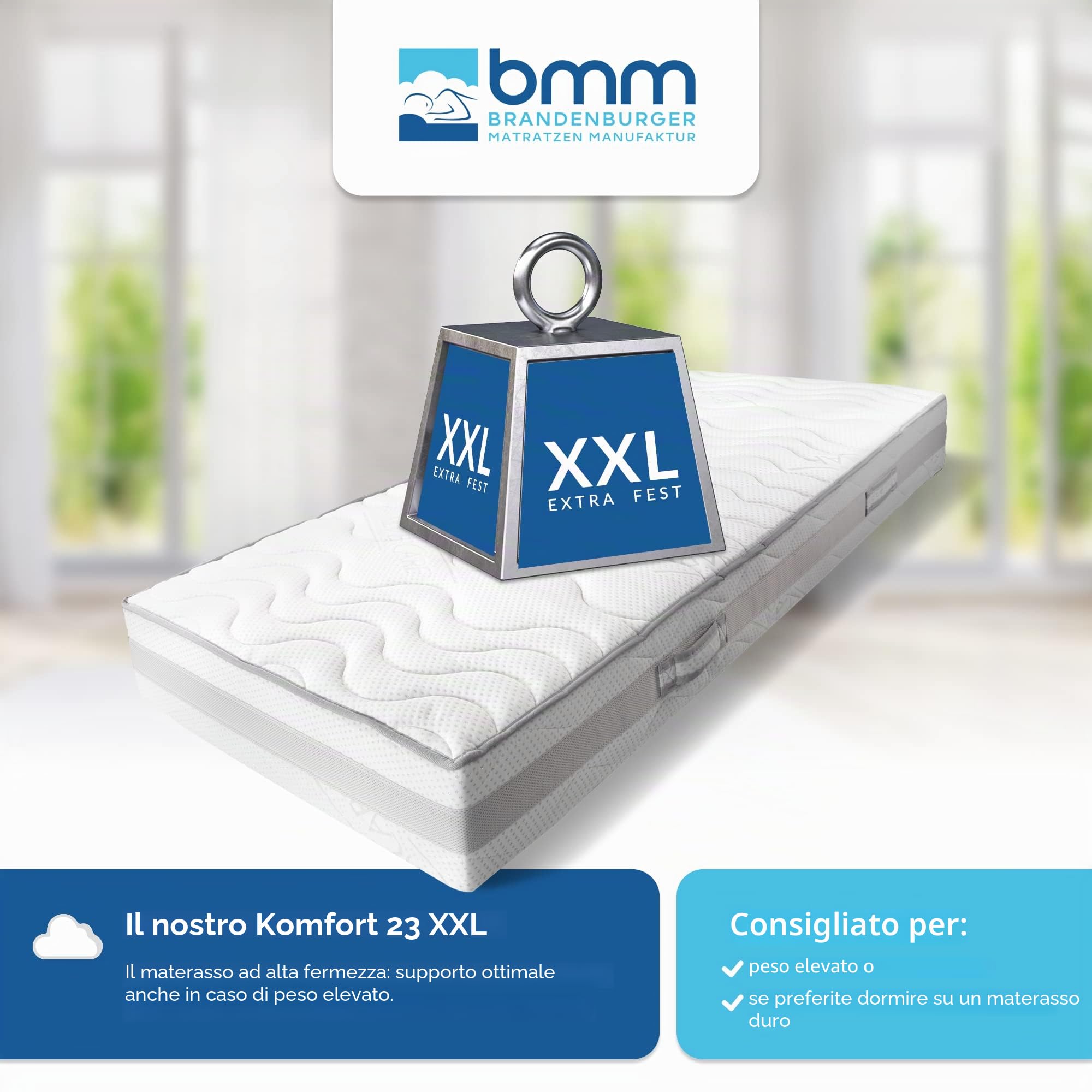 BMM Comfort Materasso 7 Zone 90x200 cm in durezza H3 Rigido, Altezza 23 cm