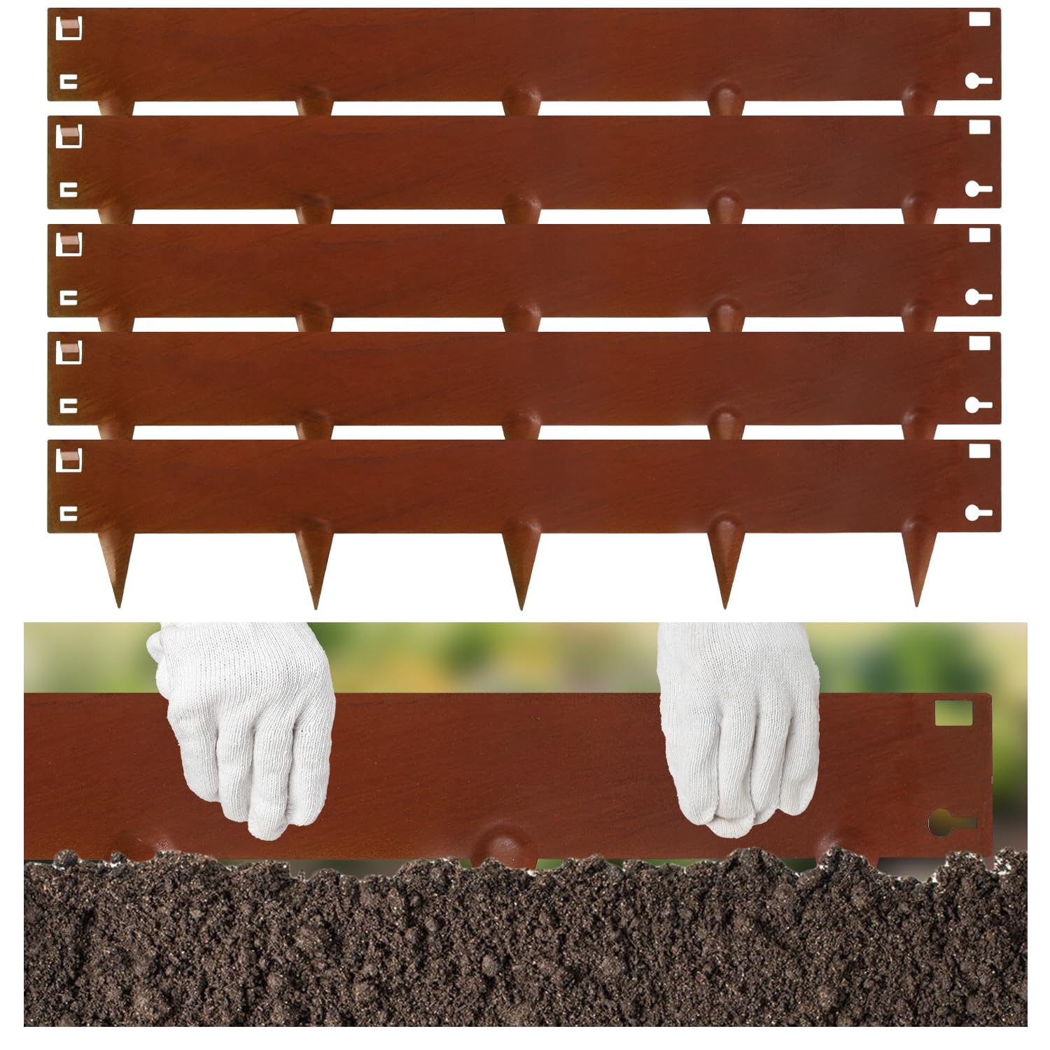 Hebitod Lawn Edging, 106x18cm Hammer-in Edging Border, 25 pack Flexible Decorative Steel Edging, Easy Installation Landscaping Flowerbed, Rust (26.5M Length Total, High 18cm)