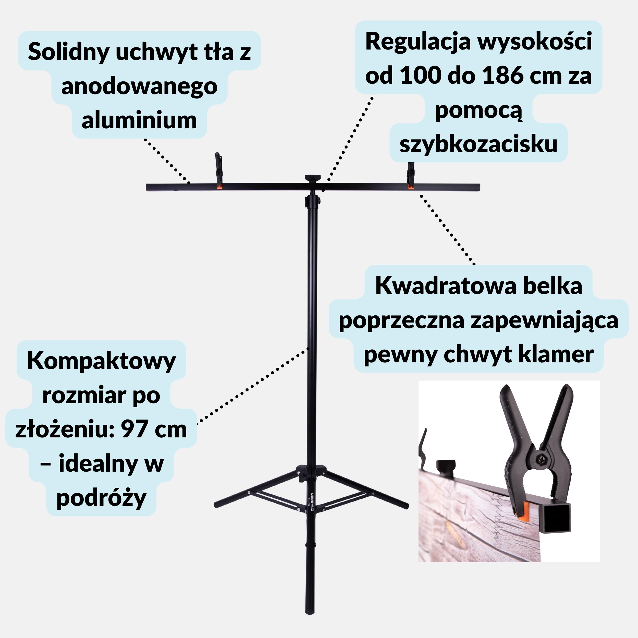 LENS-AID statyw do tﾅＢ foto Flatlay i uchwyt lampy | Poprzeczka do teł fotograficznych, wysokość 100-186 cm, kolumna 28 mm z szybkozłączem, 2 zaciski